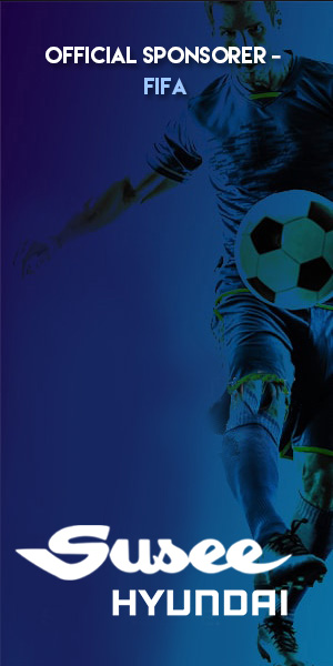A football player kicking a football at the background and Hyundai being the offical sponsorer.